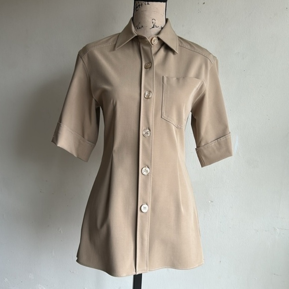 ZARA Short Sleeve Button Down Tan Tunic Top Sz XS NWT